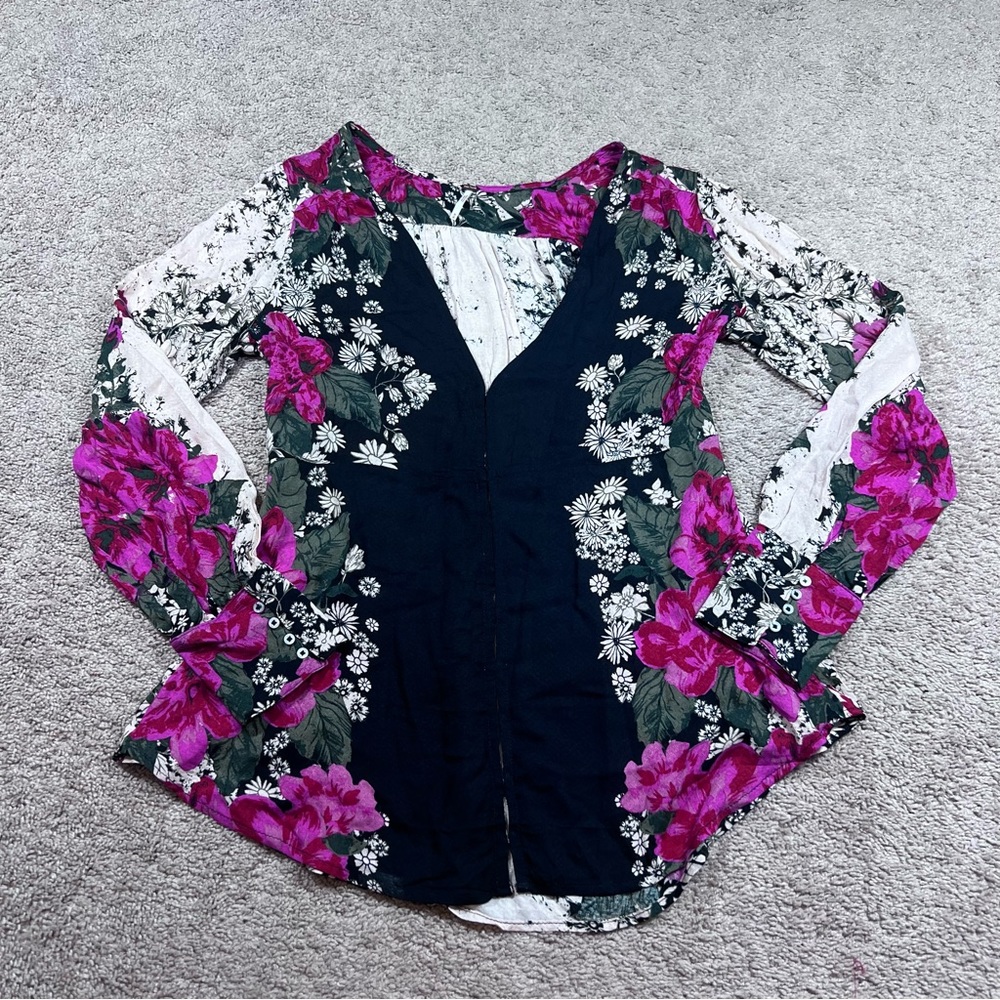 Free People Womens Pink Mikayla Print Long Sleeve Deep V Neck Tunic Size M